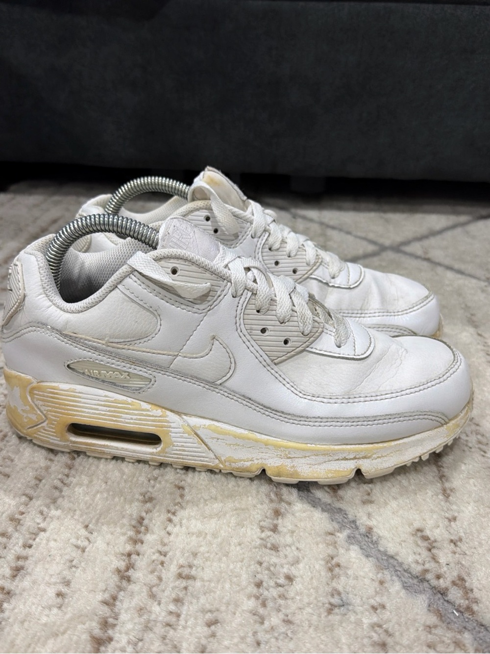 Nike Air Max 90 Triple White Leather Women 8.5 Kids 7Y Running CD6864-100